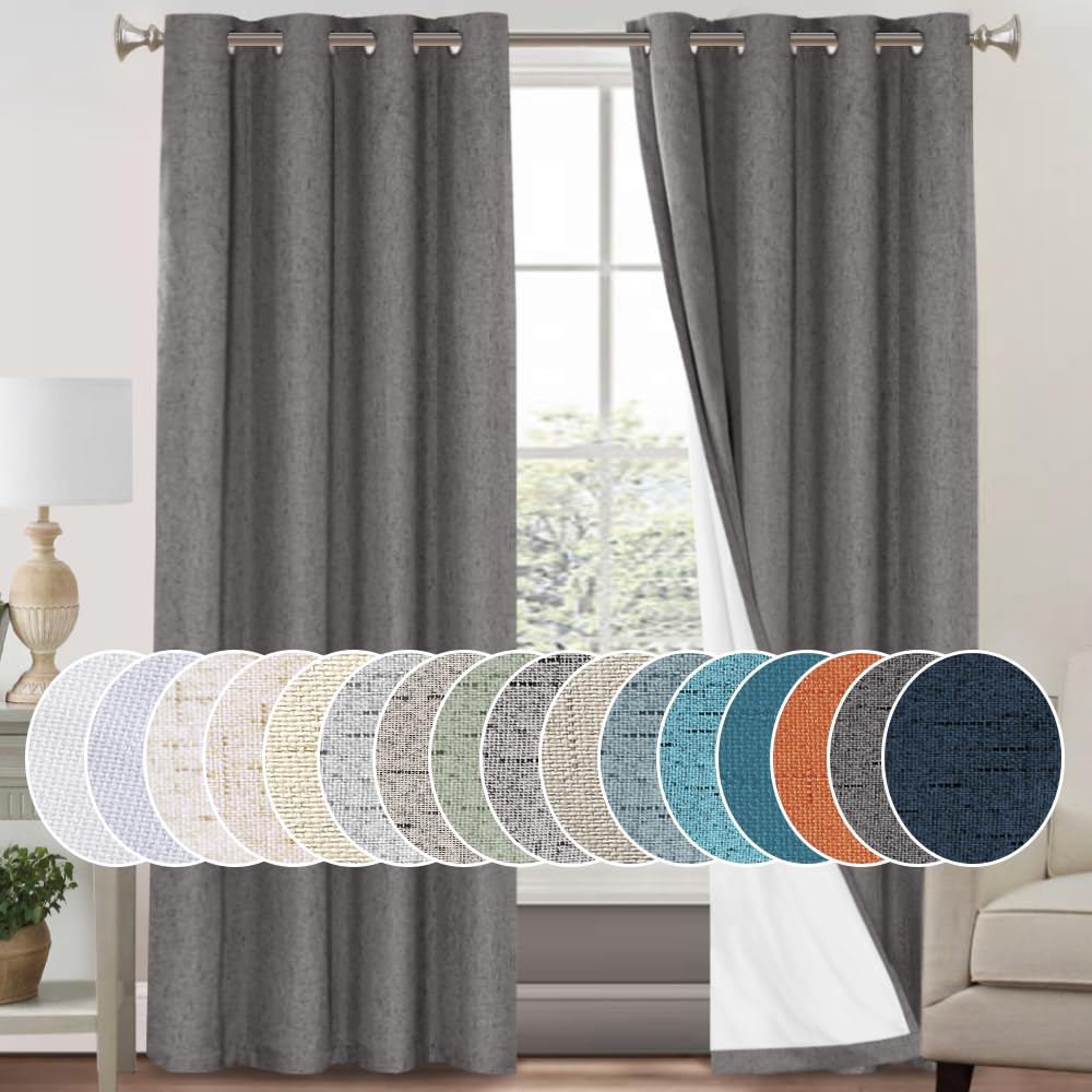 PrinceDeco Primitive Textured Linen 100% Blackout Curtains for Bedroom/Living Room Blackout Curtains 84 Inches Long, Energy Saving Window Treatment Curtains with White Liner (2 Panels, Natural)