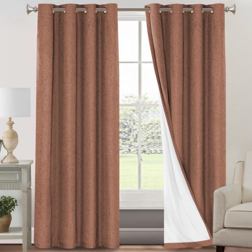 PrinceDeco Primitive Textured Linen 100% Blackout Curtains for Bedroom/Living Room Blackout Curtains 84 Inches Long, Energy Saving Window Treatment Curtains with White Liner (2 Panels, Natural)