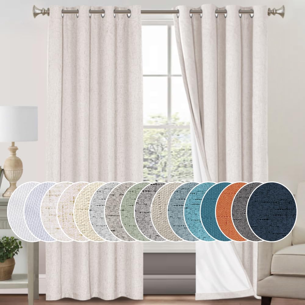 PrinceDeco Primitive Textured Linen 100% Blackout Curtains for Bedroom/Living Room Blackout Curtains 84 Inches Long, Energy Saving Window Treatment Curtains with White Liner (2 Panels, Natural)