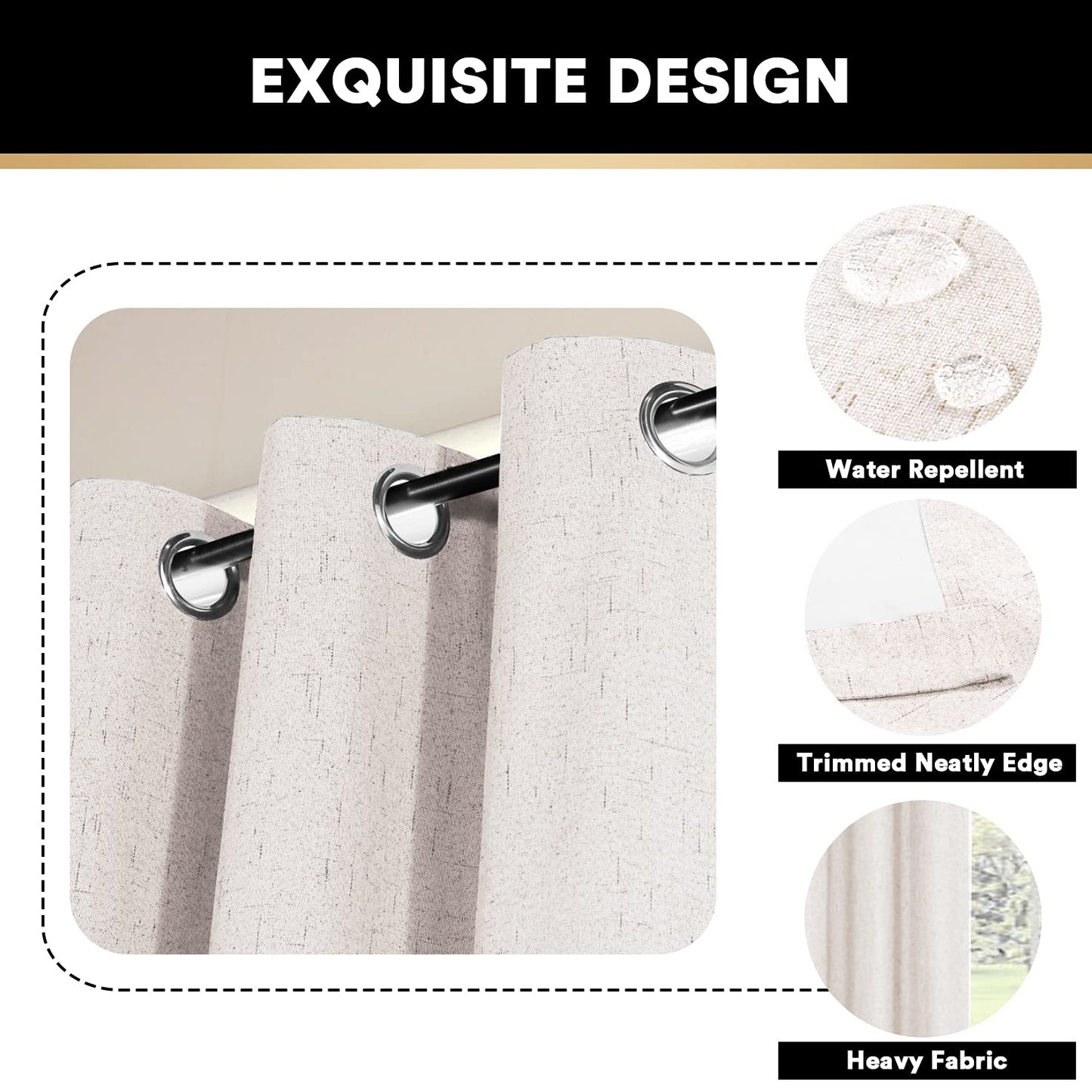 PrinceDeco Primitive Textured Linen 100% Blackout Curtains for Bedroom/Living Room Blackout Curtains 84 Inches Long, Energy Saving Window Treatment Curtains with White Liner (2 Panels, Natural)