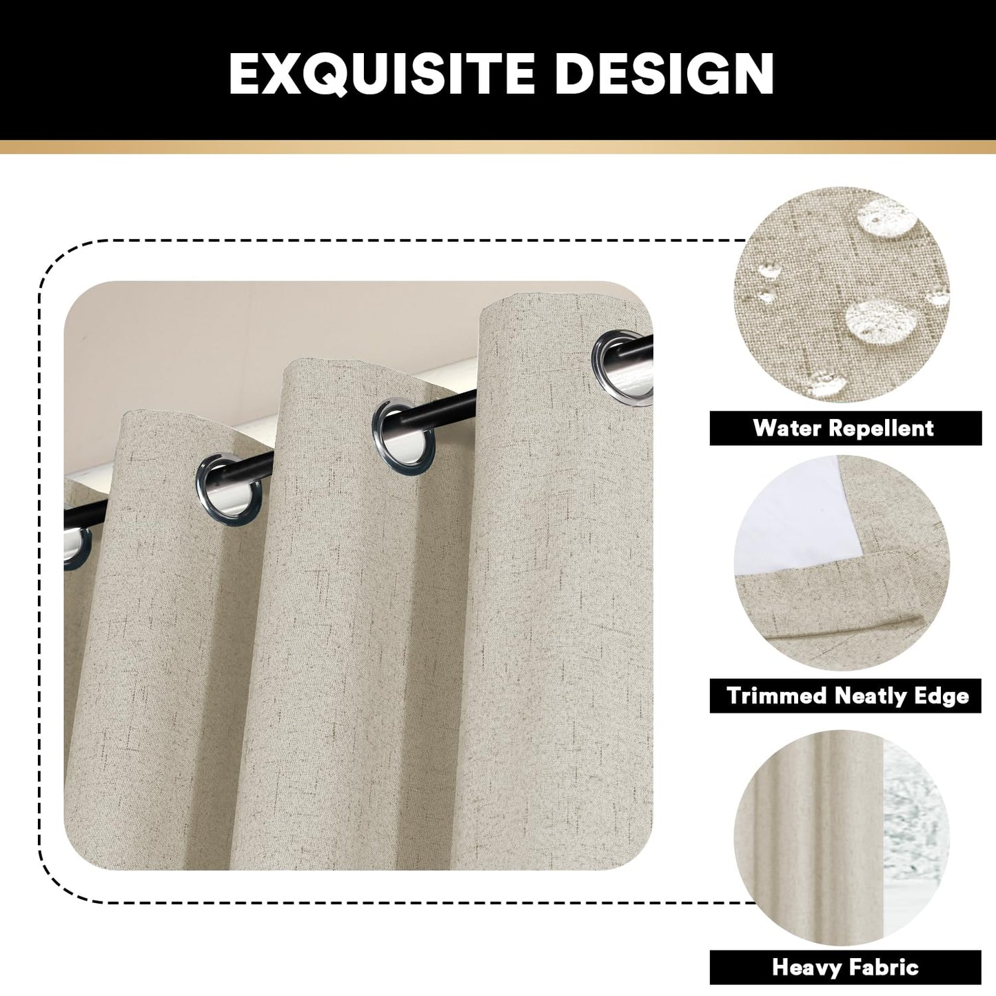 PrinceDeco Primitive Textured Linen 100% Blackout Curtains for Bedroom/Living Room Blackout Curtains 84 Inches Long, Energy Saving Window Treatment Curtains with White Liner (2 Panels, Natural)