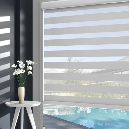 Zebra Blinds - Cordless Roller Window Shades, Dual Layer Light Filtering Roller Shades, 27" W X 64" H, Grey, Easy Install Day Night Window Blinds for Home, Office, French Door