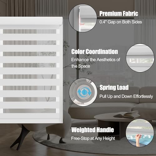 Zebra Blinds - Cordless Roller Window Shades, Dual Layer Light Filtering Roller Shades, 27" W X 64" H, Grey, Easy Install Day Night Window Blinds for Home, Office, French Door