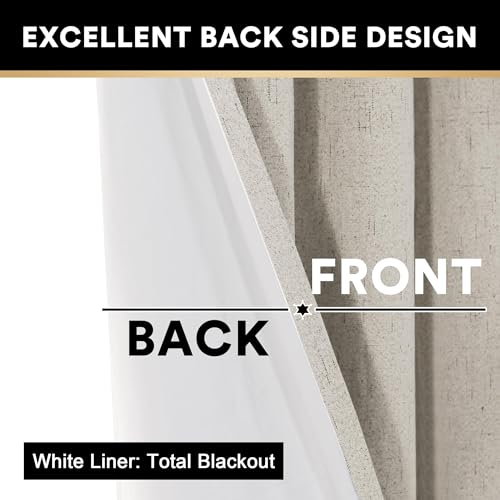 PrinceDeco Primitive Textured Linen 100% Blackout Curtains for Bedroom/Living Room Blackout Curtains 84 Inches Long, Energy Saving Window Treatment Curtains with White Liner (2 Panels, Natural)