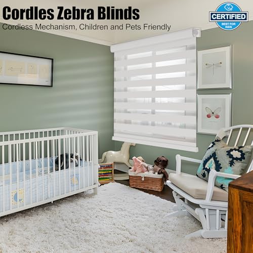 Zebra Blinds - Cordless Roller Window Shades, Dual Layer Light Filtering Roller Shades, 27" W X 64" H, Grey, Easy Install Day Night Window Blinds for Home, Office, French Door