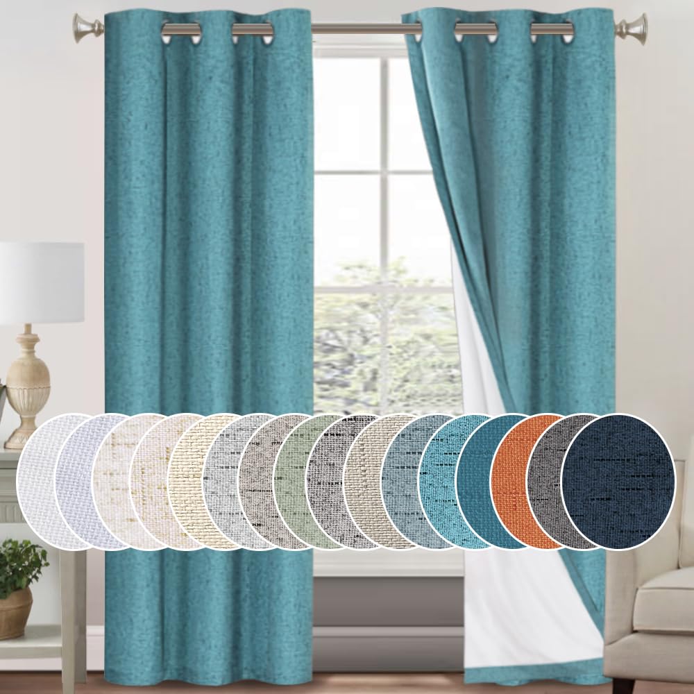 PrinceDeco Primitive Textured Linen 100% Blackout Curtains for Bedroom/Living Room Blackout Curtains 84 Inches Long, Energy Saving Window Treatment Curtains with White Liner (2 Panels, Natural)