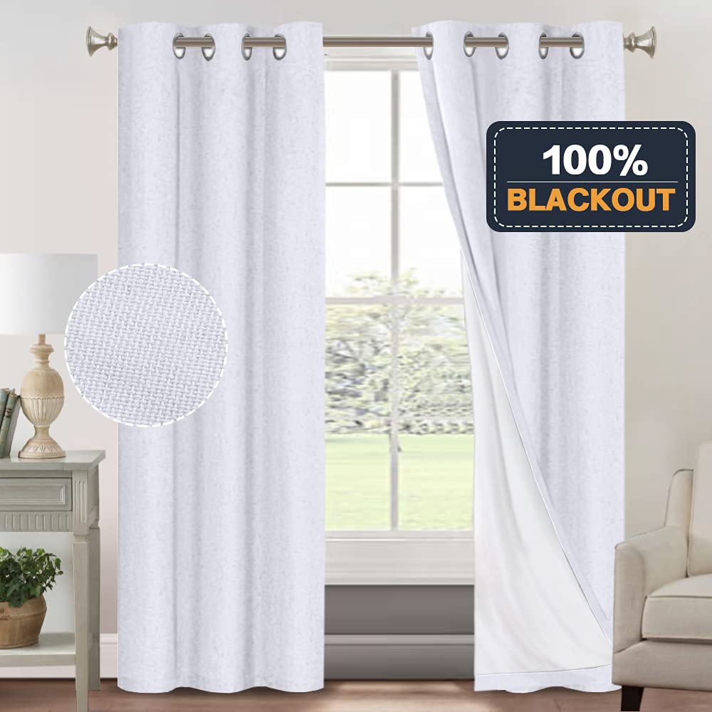 PrinceDeco Primitive Textured Linen 100% Blackout Curtains for Bedroom/Living Room Blackout Curtains 84 Inches Long, Energy Saving Window Treatment Curtains with White Liner (2 Panels, Natural)