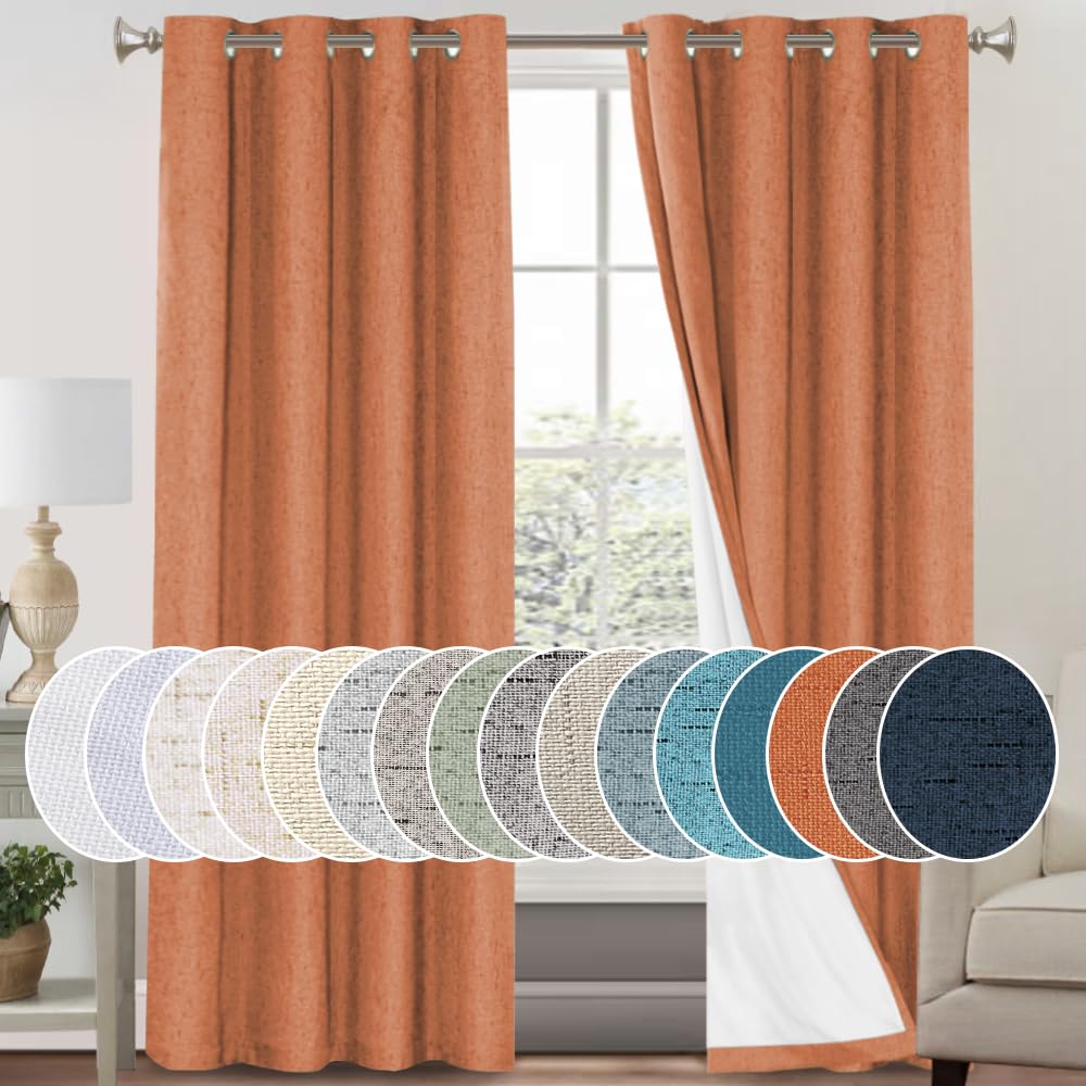 PrinceDeco Primitive Textured Linen 100% Blackout Curtains for Bedroom/Living Room Blackout Curtains 84 Inches Long, Energy Saving Window Treatment Curtains with White Liner (2 Panels, Natural)