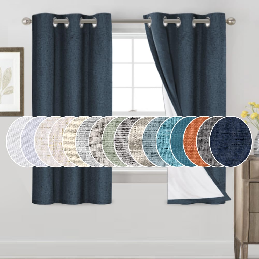 PrinceDeco Primitive Textured Linen 100% Blackout Curtains for Bedroom/Living Room Blackout Curtains 84 Inches Long, Energy Saving Window Treatment Curtains with White Liner (2 Panels, Natural)