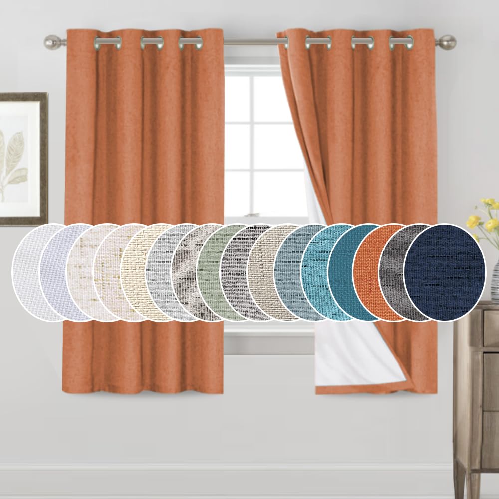 PrinceDeco Primitive Textured Linen 100% Blackout Curtains for Bedroom/Living Room Blackout Curtains 84 Inches Long, Energy Saving Window Treatment Curtains with White Liner (2 Panels, Natural)