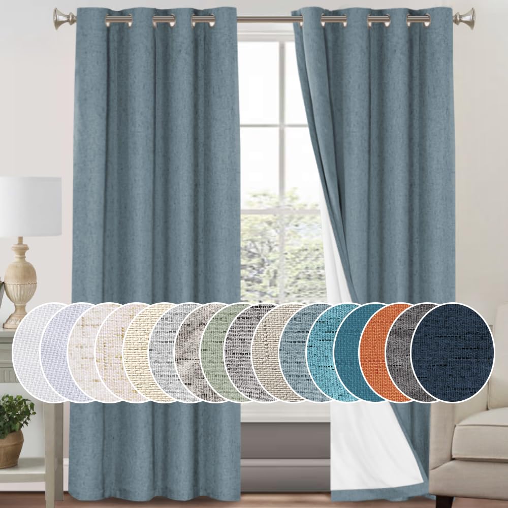 PrinceDeco Primitive Textured Linen 100% Blackout Curtains for Bedroom/Living Room Blackout Curtains 84 Inches Long, Energy Saving Window Treatment Curtains with White Liner (2 Panels, Natural)