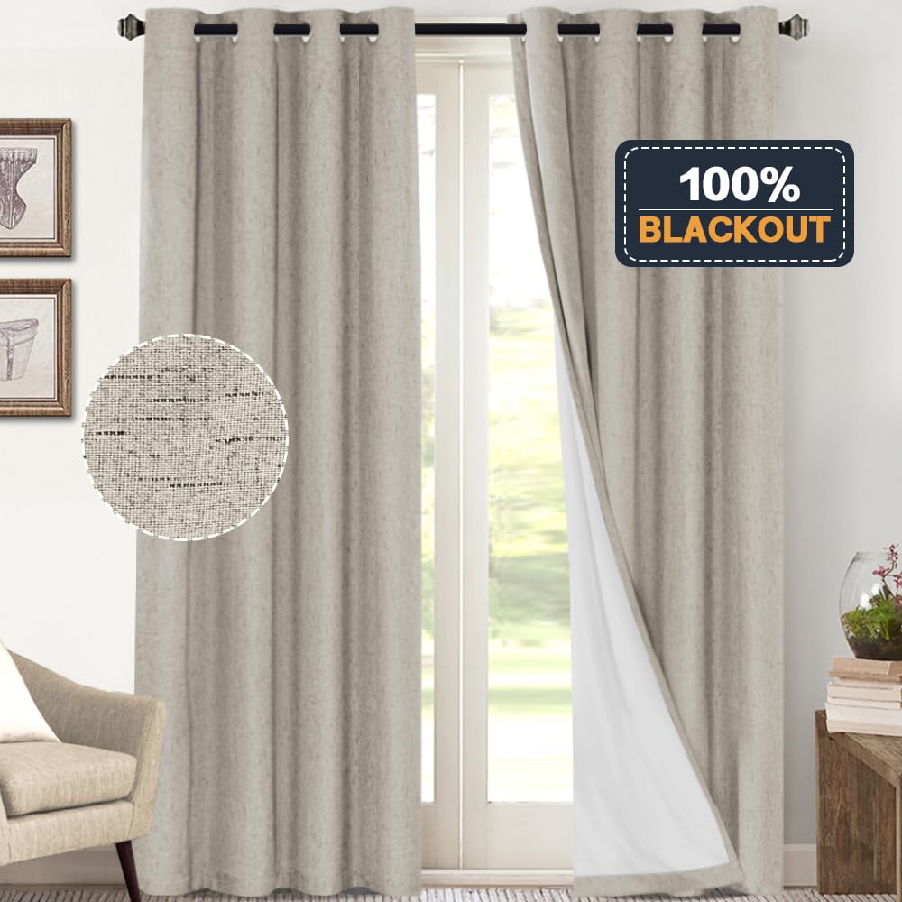 PrinceDeco Primitive Textured Linen 100% Blackout Curtains for Bedroom/Living Room Blackout Curtains 84 Inches Long, Energy Saving Window Treatment Curtains with White Liner (2 Panels, Natural)