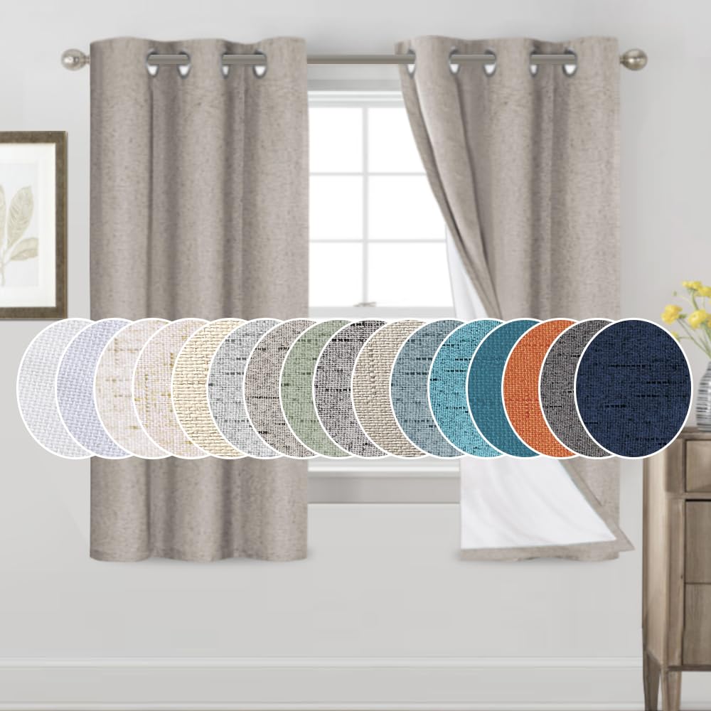 PrinceDeco Primitive Textured Linen 100% Blackout Curtains for Bedroom/Living Room Blackout Curtains 84 Inches Long, Energy Saving Window Treatment Curtains with White Liner (2 Panels, Natural)