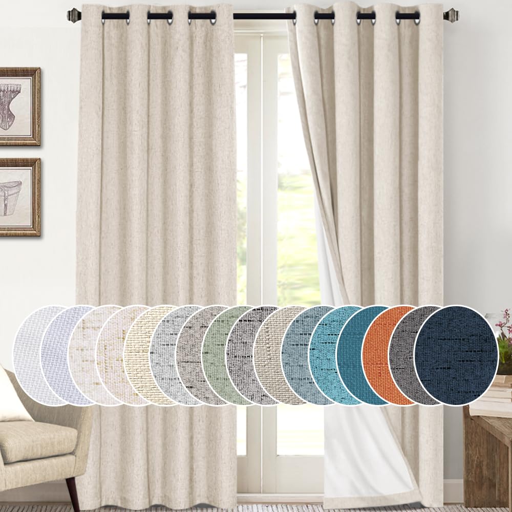 PrinceDeco Primitive Textured Linen 100% Blackout Curtains for Bedroom/Living Room Blackout Curtains 84 Inches Long, Energy Saving Window Treatment Curtains with White Liner (2 Panels, Natural)