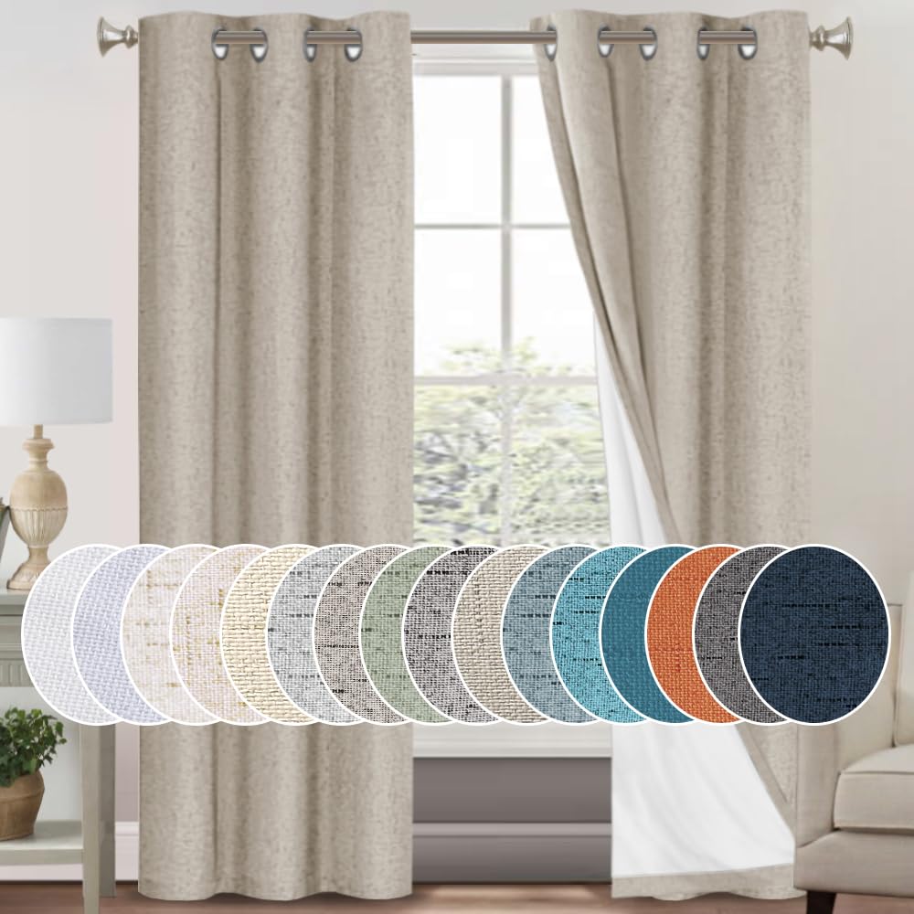 PrinceDeco Primitive Textured Linen 100% Blackout Curtains for Bedroom/Living Room Blackout Curtains 84 Inches Long, Energy Saving Window Treatment Curtains with White Liner (2 Panels, Natural)