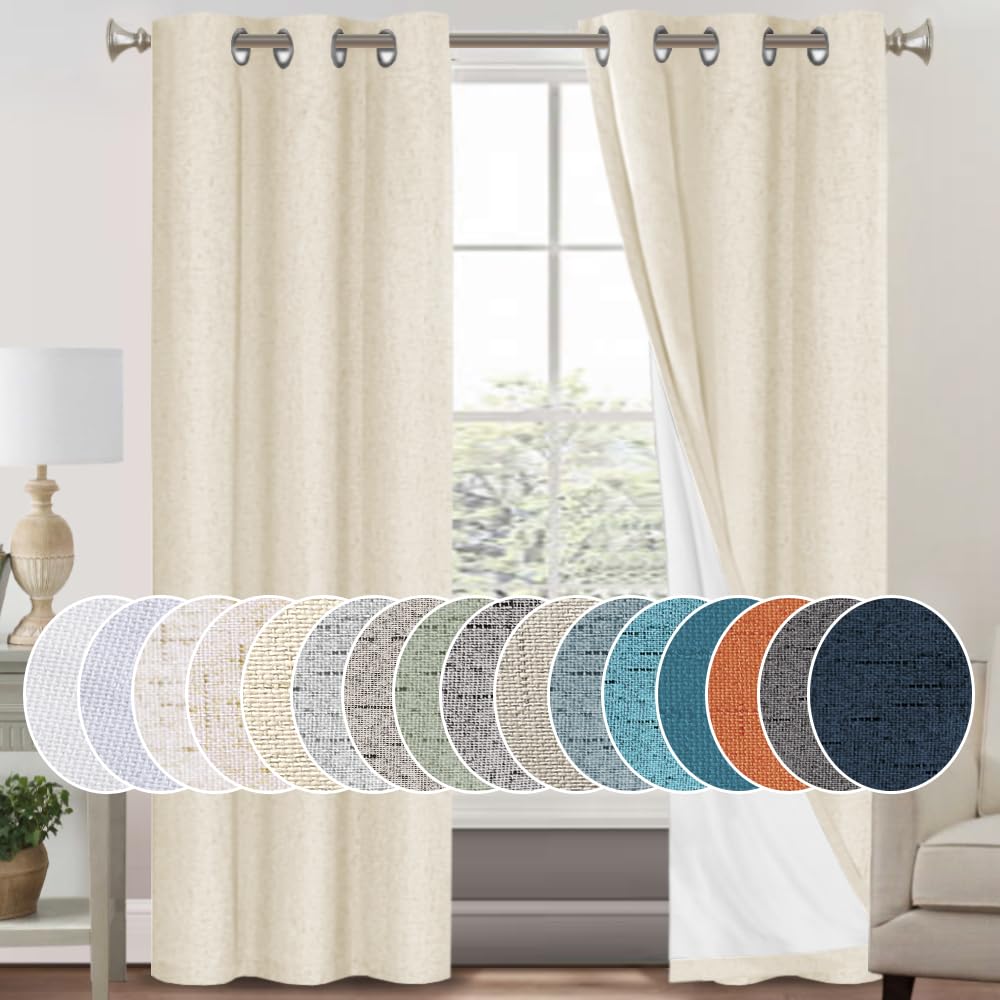 PrinceDeco Primitive Textured Linen 100% Blackout Curtains for Bedroom/Living Room Blackout Curtains 84 Inches Long, Energy Saving Window Treatment Curtains with White Liner (2 Panels, Natural)