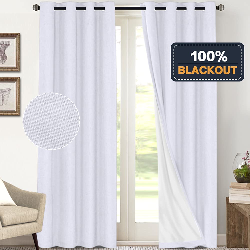 PrinceDeco Primitive Textured Linen 100% Blackout Curtains for Bedroom/Living Room Blackout Curtains 84 Inches Long, Energy Saving Window Treatment Curtains with White Liner (2 Panels, Natural)