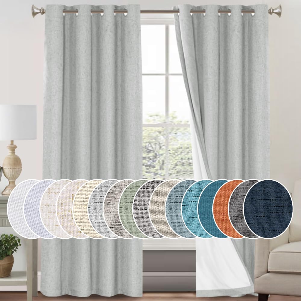 PrinceDeco Primitive Textured Linen 100% Blackout Curtains for Bedroom/Living Room Blackout Curtains 84 Inches Long, Energy Saving Window Treatment Curtains with White Liner (2 Panels, Natural)