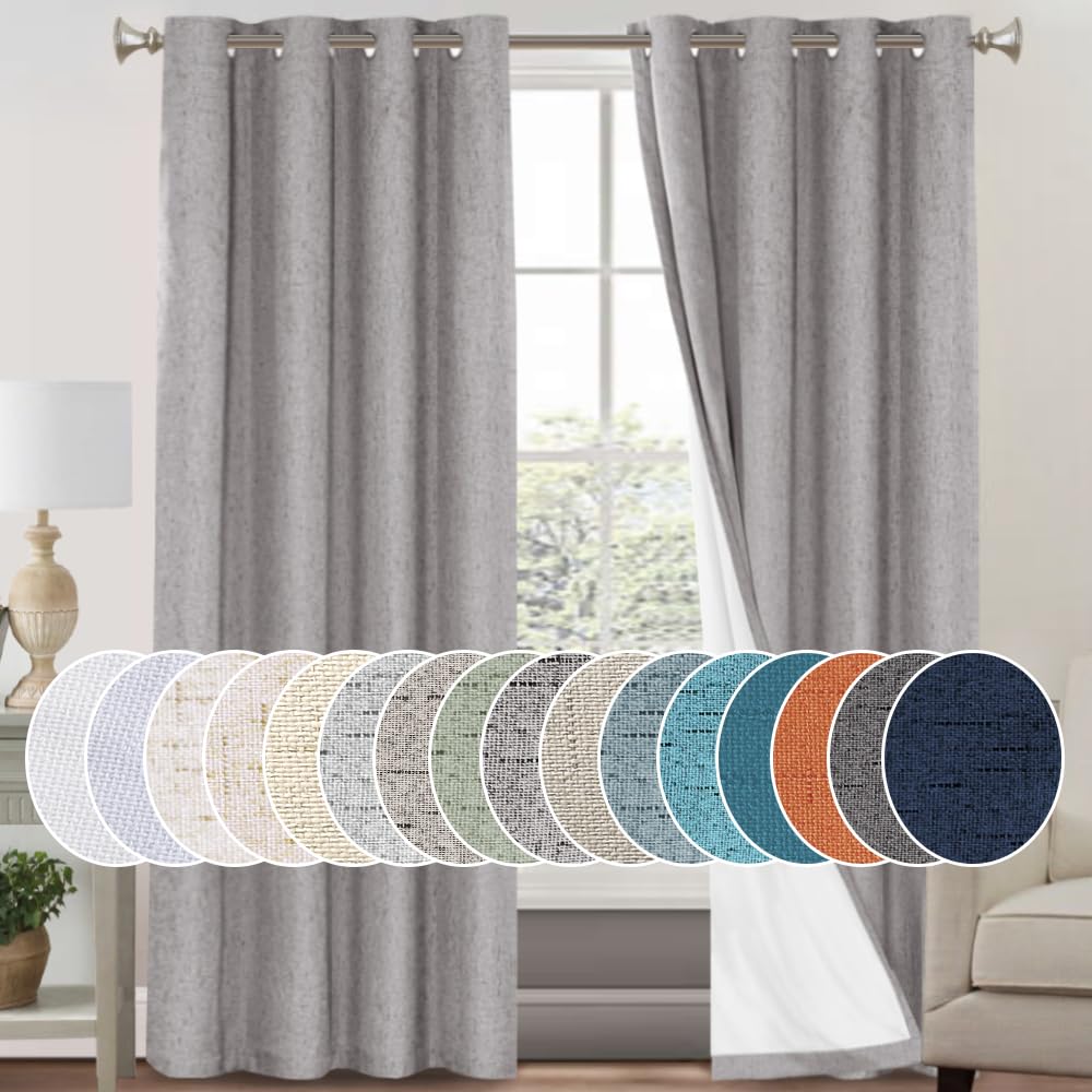 PrinceDeco Primitive Textured Linen 100% Blackout Curtains for Bedroom/Living Room Blackout Curtains 84 Inches Long, Energy Saving Window Treatment Curtains with White Liner (2 Panels, Natural)