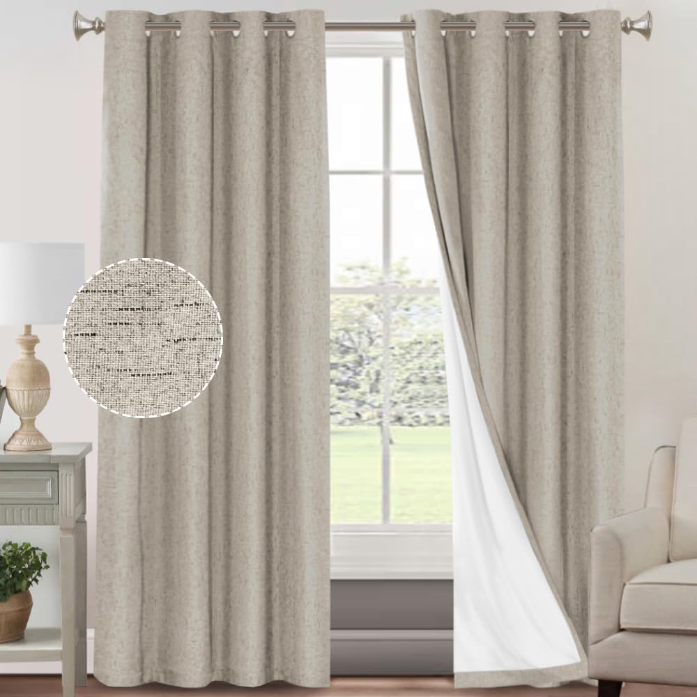 PrinceDeco Primitive Textured Linen 100% Blackout Curtains for Bedroom/Living Room Blackout Curtains 84 Inches Long, Energy Saving Window Treatment Curtains with White Liner (2 Panels, Natural)
