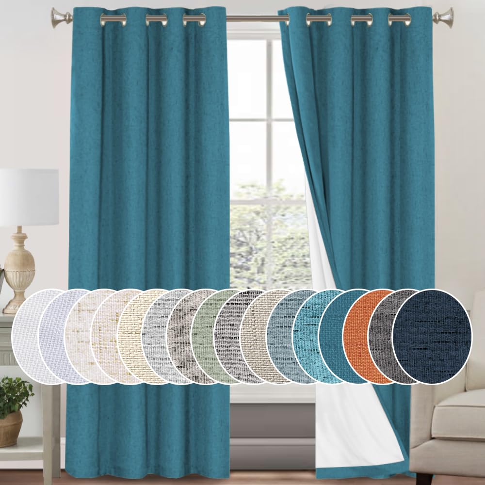 PrinceDeco Primitive Textured Linen 100% Blackout Curtains for Bedroom/Living Room Blackout Curtains 84 Inches Long, Energy Saving Window Treatment Curtains with White Liner (2 Panels, Natural)