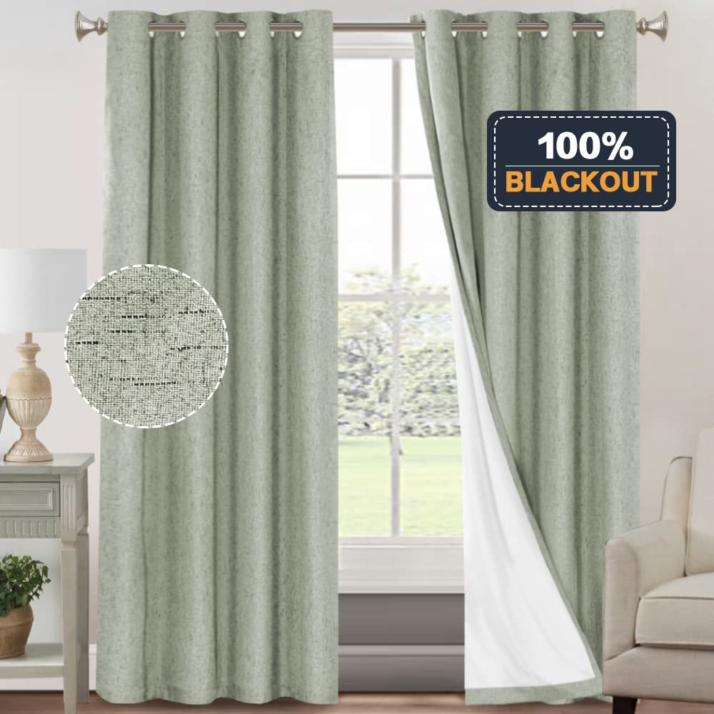 PrinceDeco Primitive Textured Linen 100% Blackout Curtains for Bedroom/Living Room Blackout Curtains 84 Inches Long, Energy Saving Window Treatment Curtains with White Liner (2 Panels, Natural)
