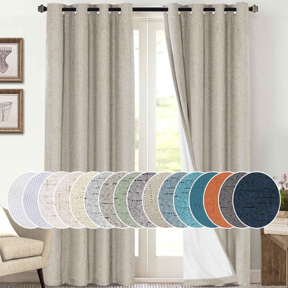PrinceDeco Primitive Textured Linen 100% Blackout Curtains for Bedroom/Living Room Blackout Curtains 84 Inches Long, Energy Saving Window Treatment Curtains with White Liner (2 Panels, Natural)