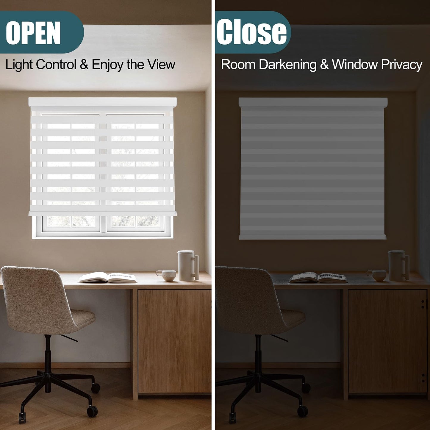 Zebra Blinds - Cordless Roller Window Shades, Dual Layer Light Filtering Roller Shades, 27" W X 64" H, Grey, Easy Install Day Night Window Blinds for Home, Office, French Door