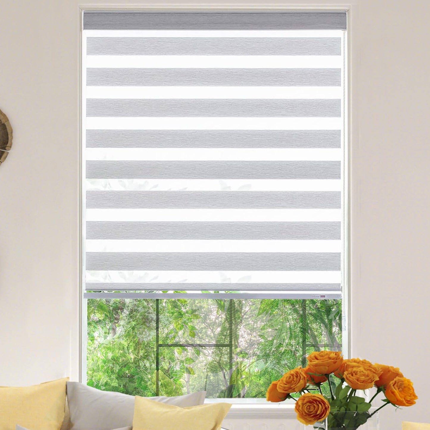 Zebra Roller Window Blinds,Custom Cut to Size,Roller Blinds Dual Layer Roller Shade Blinds, White,Fixed 64 InchesHigh,20 Inches Width