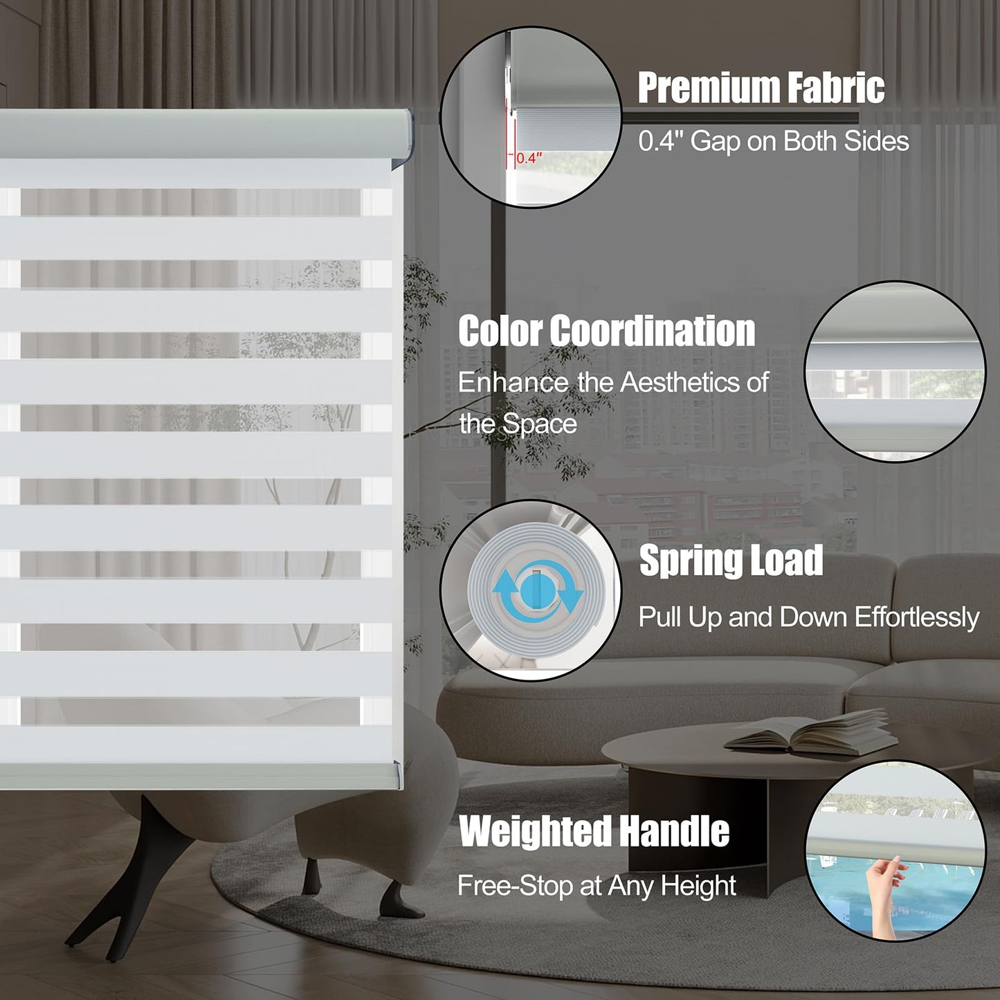 Zebra Blinds - Cordless Roller Window Shades, Dual Layer Light Filtering Roller Shades, 27" W X 64" H, Grey, Easy Install Day Night Window Blinds for Home, Office, French Door
