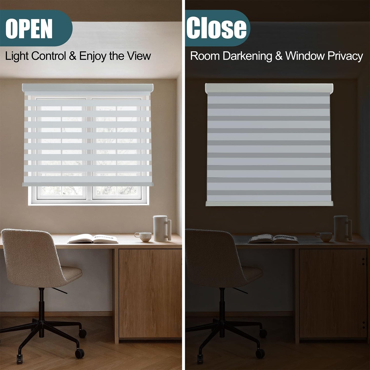 Zebra Blinds - Cordless Roller Window Shades, Dual Layer Light Filtering Roller Shades, 27" W X 64" H, Grey, Easy Install Day Night Window Blinds for Home, Office, French Door