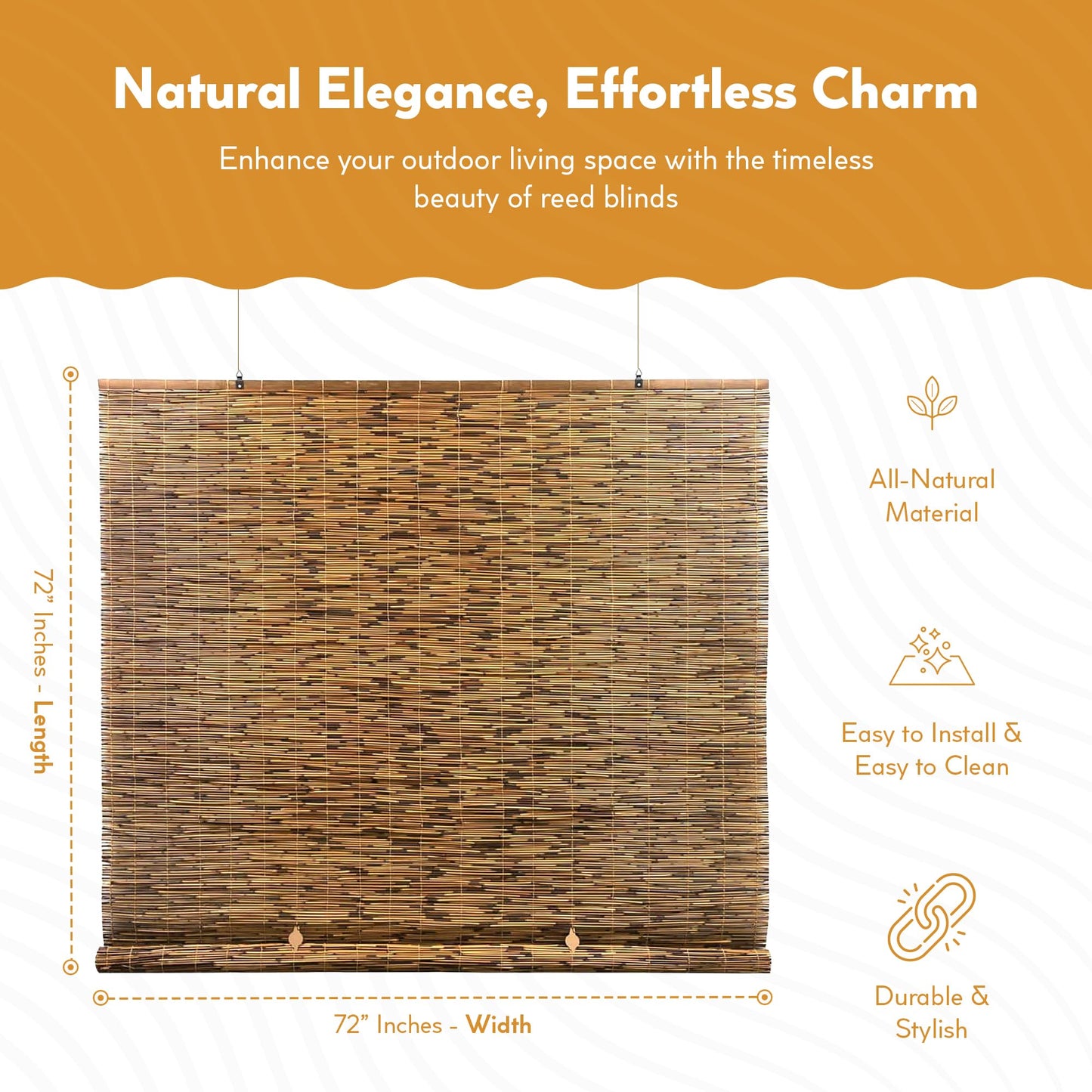 Radiance Cord Free Bamboo Shades - Roll-Up Shades for Porch, Patio & Interior Windows - Bamboo Shades for Indoor & Outdoor - Cocoa - 60" W x 72" L - (3370760E)