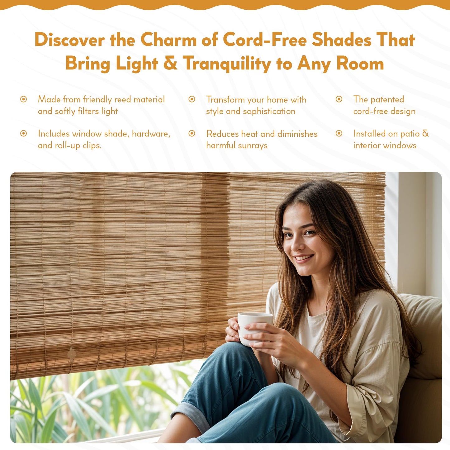 Radiance Cord Free Bamboo Shades - Roll-Up Shades for Porch, Patio & Interior Windows - Bamboo Shades for Indoor & Outdoor - Cocoa - 60" W x 72" L - (3370760E)