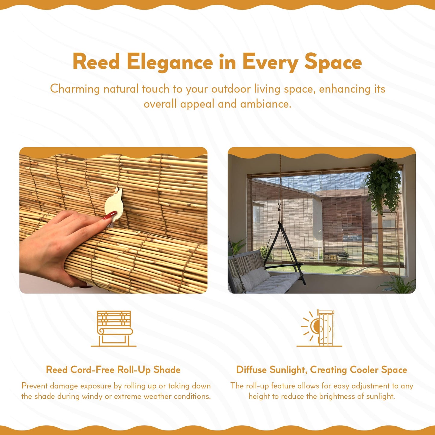Radiance Cord Free Bamboo Shades - Roll-Up Shades for Porch, Patio & Interior Windows - Bamboo Shades for Indoor & Outdoor - Cocoa - 60" W x 72" L - (3370760E)